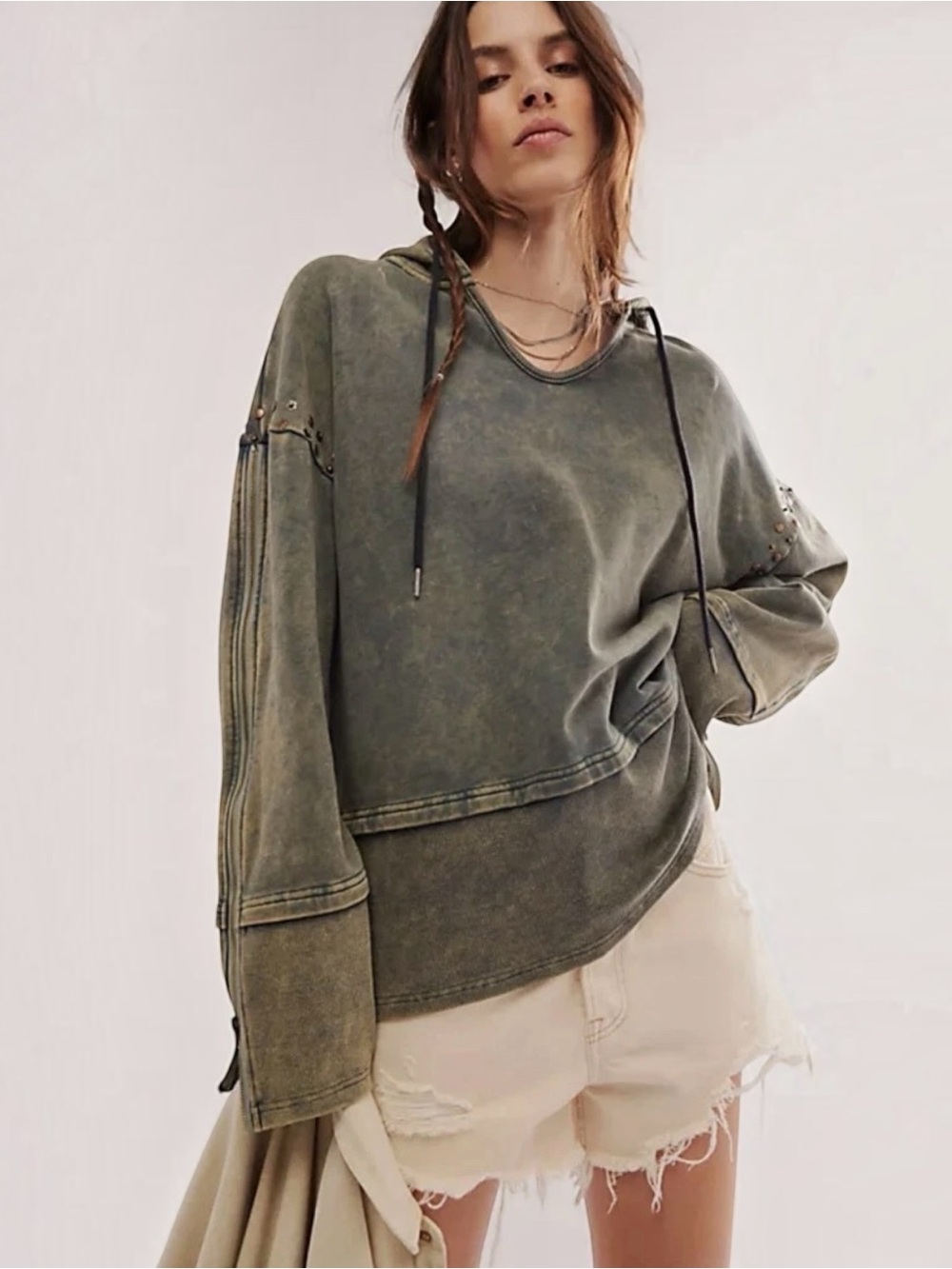 Free People OneTeaspoon Washed Olive Green Studded Hooded Sweatshirt